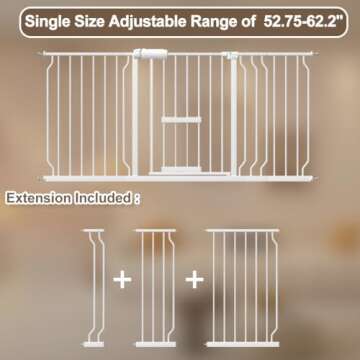 WAOWAO Baby Gate with Cat Door 52.75-62.2" Extra Wide Pressure Mount Metal Dog Gate, Walk Through Swing Auto Close White Safety Child Gate with Pet Door for Kitten Stairs,Doorways,Kitchen,Hallway