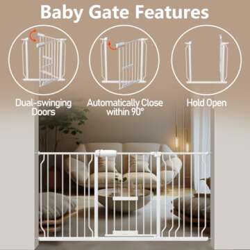WAOWAO Baby Gate with Cat Door 52.75-62.2" Extra Wide Pressure Mount Metal Dog Gate, Walk Through Swing Auto Close White Safety Child Gate with Pet Door for Kitten Stairs,Doorways,Kitchen,Hallway