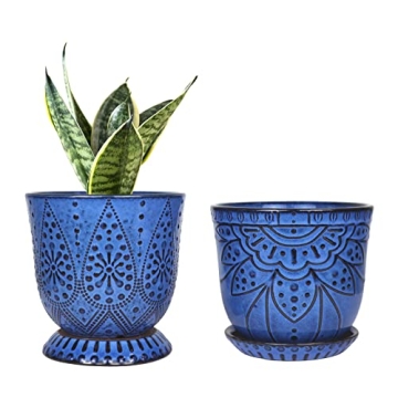 Gepege 6 Inch Beaded Ceramic Planter Set of 2 with Drainage Hole and Saucer for Plants, Indoor-Outdo...