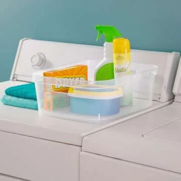 Sterilite 5.25 x 12.25 x 15 Inch Medium Modern Storage Bin w/Comfortable Carry Through Handles & Banded Rim for Household Organization, Clear 8 Pack