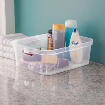 Sterilite 5.25 x 12.25 x 15 Inch Medium Modern Storage Bin w/Comfortable Carry Through Handles & Banded Rim for Household Organization, Clear 8 Pack