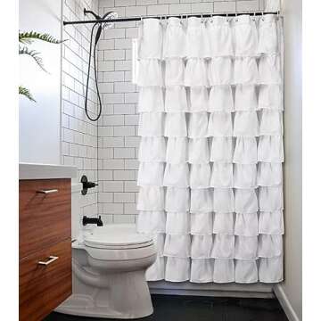 Volens White Shower Curtain Fabric Ruffle for Bathroom,70in Long