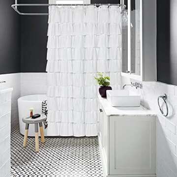Volens White Shower Curtain Fabric Ruffle for Bathroom,70in Long