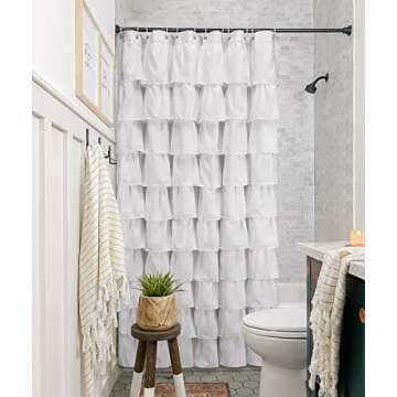 Volens White Shower Curtain Fabric Ruffle for Bathroom,70in Long