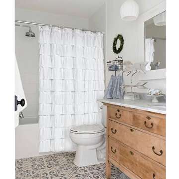 Volens White Shower Curtain Fabric Ruffle for Bathroom,70in Long