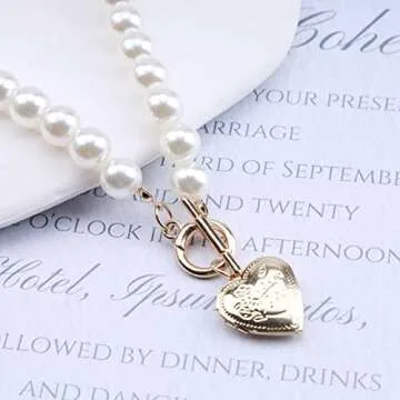 Erimberate Vintage Heart Necklace with Pearl Accents