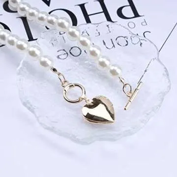 Erimberate Vintage Heart Necklace with Pearl Accents