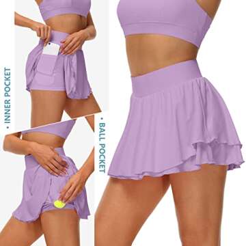 UrKeuf Women's Tennis Skirts with Pockets Flowy Cute Mini Casual Skirt Activewear Sports Skort Inner Shorts Purple