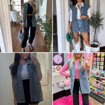 FindThy Women’s Vintage Denim Jean Vest Oversized Button Down Jean Waistcoat Gilet(1481-Blue-M-LB)
