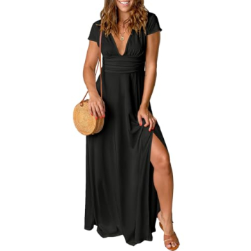 ANRABESS Women Summer Deep V Neck Short Sleeve Slit 2024 Elegant Formal Wedding Guest Cocktail Eveni...