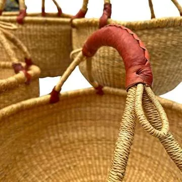 Deluxe African Basket with Leather Handle from Ghana | Handcrafted Artistry