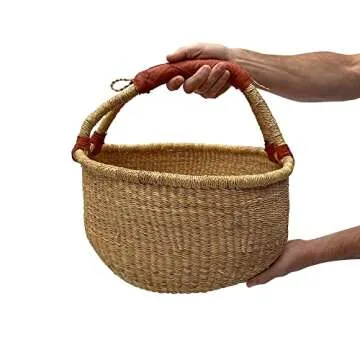 Deluxe African Basket with Leather Handle from Ghana | Handcrafted Artistry