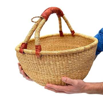 Deluxe African Basket with Leather Handle from Ghana | Handcrafted Artistry