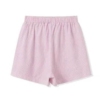 NVRENJIA Women Striped Boxer Shorts High Elastic Waist Casual Summer Pajama Bottoms Cute Lounge Short with Pockets (Pink, Medium)