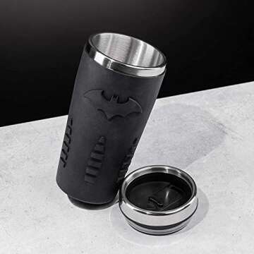 Paladone PP4380BM Batman Travel Mug | Reuseable Commuter Cup Coffee & Tea Flask | Easy Clean | Double Walled Insulation | 450ML Capacity | Spill Proof, Black, 9 x 9 x 18 cm