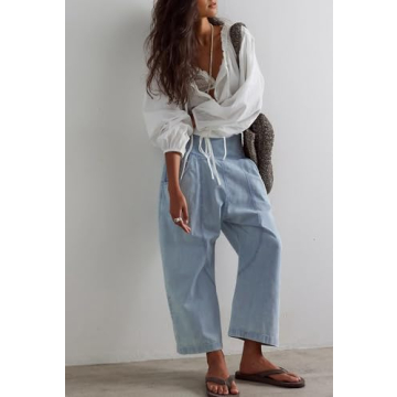 YEXPINE Women's Baggy Cropped Harem Jeans Loose Fit Wide Leg Barrel Pants Summer Casual Boyfriend Denim Pants Blue