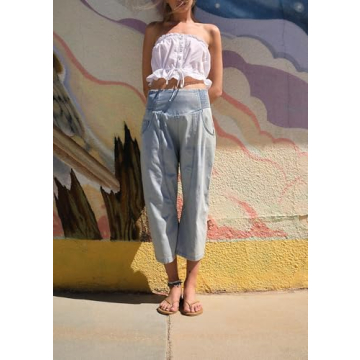 YEXPINE Women's Baggy Cropped Harem Jeans Loose Fit Wide Leg Barrel Pants Summer Casual Boyfriend Denim Pants Blue