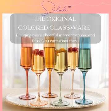 Saludi Colored Champagne Flutes - As Seen on 'Bachelor in Paradise' - 7oz (Set of 6) Stemmed Multi-Color Champagne Glass - Great for All Occasions and Gifts - Luxury, Durable, Hand-Blown