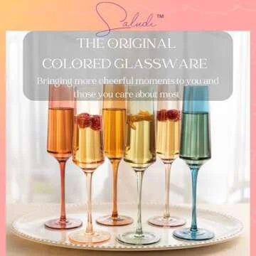Saludi Colored Champagne Flutes - As Seen on 'Bachelor in Paradise' - 7oz (Set of 6) Stemmed Multi-Color Champagne Glass - Great for All Occasions and Gifts - Luxury, Durable, Hand-Blown