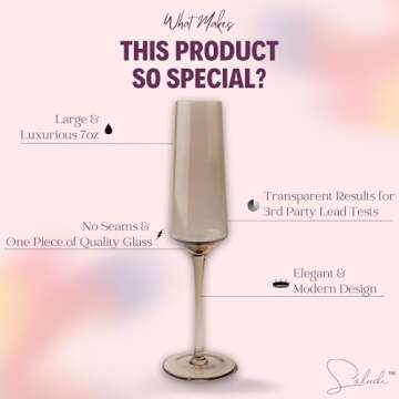 Saludi Colored Champagne Flutes - As Seen on 'Bachelor in Paradise' - 7oz (Set of 6) Stemmed Multi-Color Champagne Glass - Great for All Occasions and Gifts - Luxury, Durable, Hand-Blown