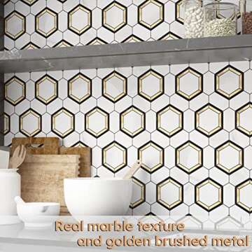 Diflart Peel and Stick Backsplash Tile, White and Gold, Hexagon, Marble Veins with PVC Mixed Metal, ...