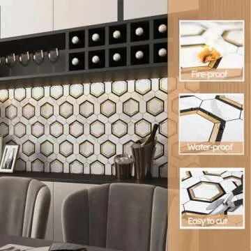Diflart Peel and Stick Backsplash Tile, White and Gold, Hexagon, Marble Veins with PVC Mixed Metal, Stick on Backsplash for Kitchen and Bathroom,Self Adhesive Wall Tiles, Pack of 10 Sheets