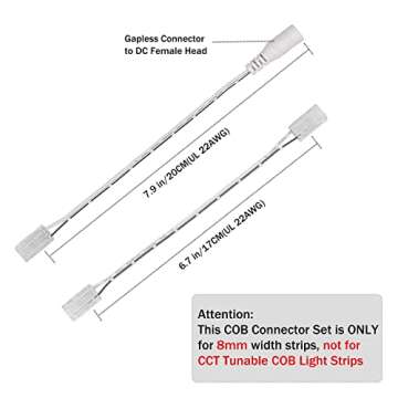 PAUTIX 8mm Connectors for 2-Pin COB LED Strip Lights,4pcs Transparent Gapless Connectors,4pcs Dual End,1pc Single to DC Female Plug 7.9in Extension Wire,2pcs L-shaped Connectors,1pc T-shaped Connector