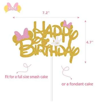 Pink And Gold Glitter Minnie Inspired Happy Birthday Cake Topper with Pink Bows and White Gloves Girls Birthday Party Decorations Supplies