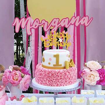 Pink And Gold Glitter Minnie Inspired Happy Birthday Cake Topper with Pink Bows and White Gloves Girls Birthday Party Decorations Supplies