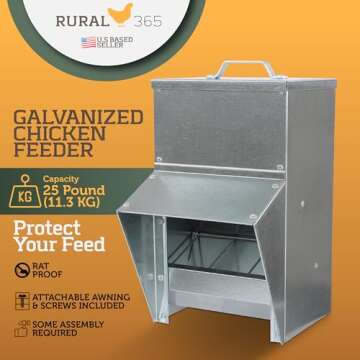 Rural365 25lb Capacity Galvanized Chicken Feeder Weatherproof Coop Dispenser