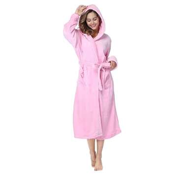 RONGTAI Women's Plush Fleece Hooded Bathrobe - Cozy Sleepwear with Pockets
