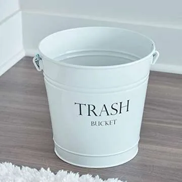 iDesign Metal Pail Trash Can for Bathroom, Bedroom, Home Office, Dorm, 10.75" x 10.75" x 10.5", White Finish with Vintage Black Lettering
