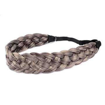 BOBIYA 5 Strands Synthetic Hair Braided Headband Classic Chunky Wide Plaited Braids Headband Elastic Stretch Braid Headband for Women Girl (Gray Brown)