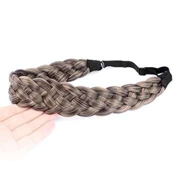 BOBIYA 5 Strands Synthetic Hair Braided Headband Classic Chunky Wide Plaited Braids Headband Elastic Stretch Braid Headband for Women Girl (Gray Brown)