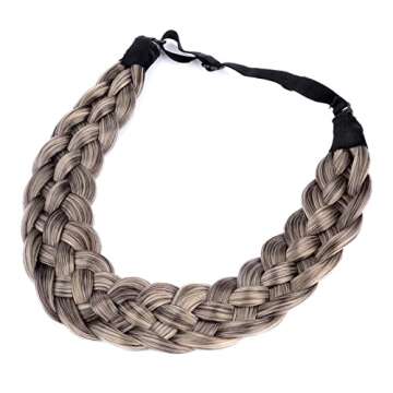 BOBIYA 5 Strands Synthetic Hair Braided Headband Classic Chunky Wide Plaited Braids Headband Elastic Stretch Braid Headband for Women Girl (Gray Brown)