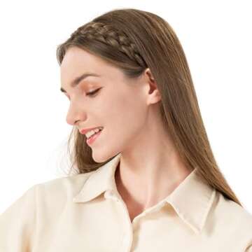 BOBIYA 5 Strands Synthetic Hair Braided Headband Classic Chunky Wide Plaited Braids Headband Elastic Stretch Braid Headband for Women Girl (Gray Brown)