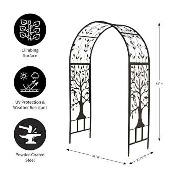 Plow & Hearth Arch Metal Outdoor Garden Arbor | Tree of Life | 84" H x 53" Wx 23" D | Black | Trellis Lattice for Plants | Wedding | Outdoor Patio Décor