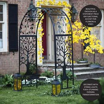 Plow & Hearth Arch Metal Outdoor Garden Arbor | Tree of Life | 84" H x 53" Wx 23" D | Black | Trellis Lattice for Plants | Wedding | Outdoor Patio Décor