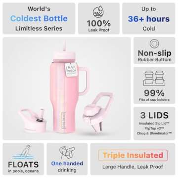 Coldest Tumbler with Handle & 3 Lids, 100% Leak Proof Water Bottle with Straw, 36+ Hours Cold, Insulated Tumblers for Women & Men, Spill Proof Cup Holder Friendly (Forever Pink Glitter, 36 oz)
