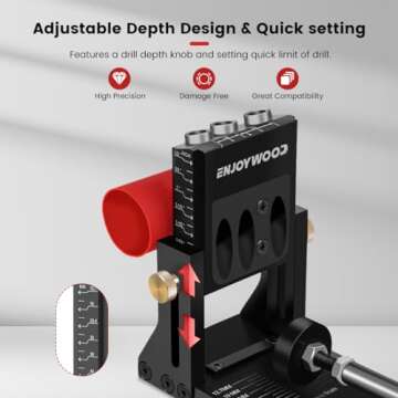 ENJOYWOOD Pocket Hole Jig Kit with 2 Drill Bits Adjustable Metal Pocket Screw Jig Professional Woodw...