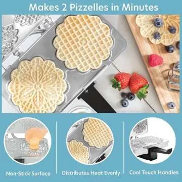 Pizzelle Maker- Polished Electric Baker Press Makes Two 5-Inch Cookies at Once- Recipe Guide Include...