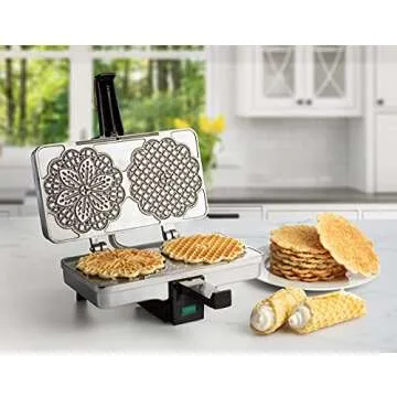 Pizzelle Maker- Polished Electric Baker Press Makes Two 5-Inch Cookies at Once- Recipe Guide Included- Fun Baking Supplies for Party- Italian Waffle Dessert Treat Making- Housewarming Gift for Her