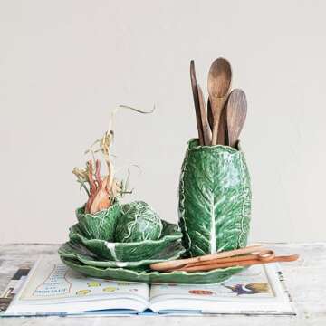 Creative Co-Op Hand-Painted Embossed Stoneware Cabbage Vase, Green