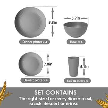 Teivio 16-Piece Kitchen Plastic Wheat Straw Dinnerware Set, Service for 4, Dinner Plates, Dessert Pl...