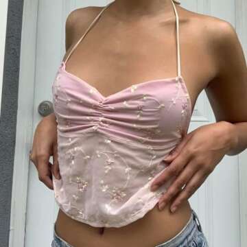 Women Y2K Backless Crop Top Vintage Sexy Tie Up Spaghetti Strap Camisole Summer Cute Mini Vest E-Girl Streetwear