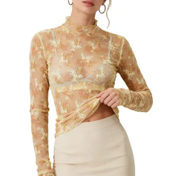 Yeokou Women's Sheer Mesh Floral Top Mesh Mock Neck Long Sleeve Top Sexy See Through Blouses