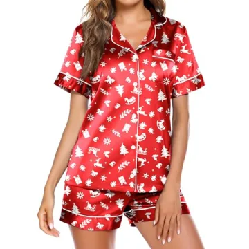 Ekouaer Christmas Loungewear Women's Satin Pajamas Sleep Set - Red Short Sleeve PJs