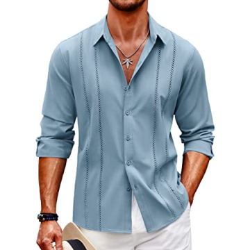 COOFANDY Men's Long Sleeve Casual Button Up Shirts Linen Beach Summer Tops Cuban Guayabera Shirts Bl...