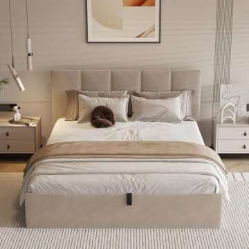 VELOCAVA Queen Size Lift Up Storage Bed, Soft Upholstered Beds with Hydraulic Mechanism, Gas Lift Up...