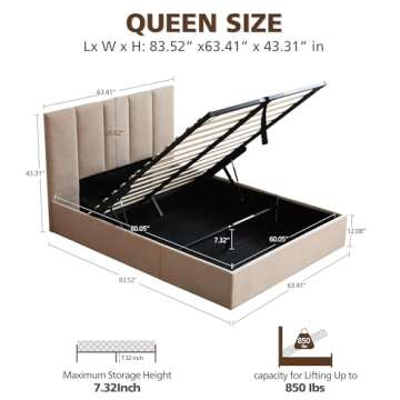 VELOCAVA Queen Size Lift Up Storage Bed, Soft Upholstered Beds with Hydraulic Mechanism, Gas Lift Up Storage Bed with Headboard and Under Bed Storage, Wooden Slat Support, Easy Assembly, Beige